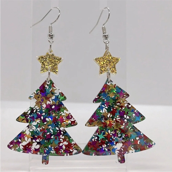 New Colorful Sparkly Christmas Tree with Star Earring Festive Holidays - Picture 1 of 5